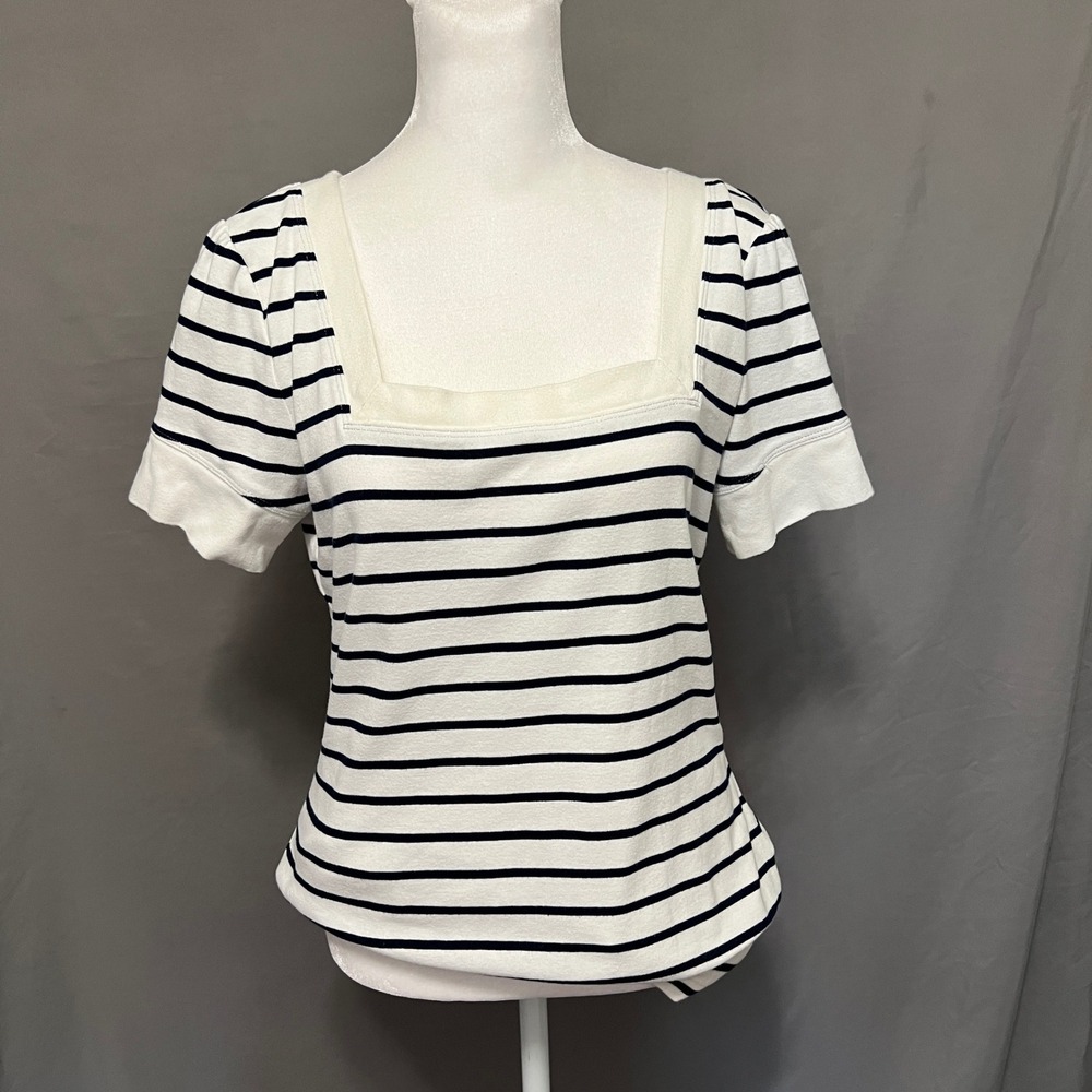 Dressbarn Striped Square Neck Cotton Classic Nautical White Black Top Size M